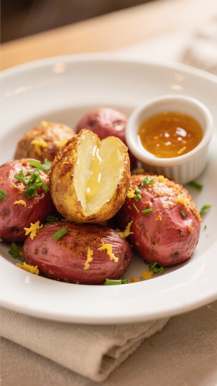 Final dish presentation: Restaurant-quality plating of crispy whole red potatoes piled in a shallow 