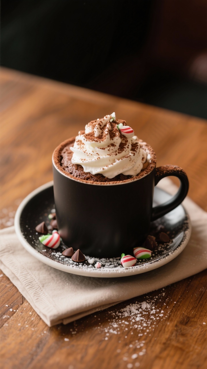 Final dish presentation: Restaurant-quality plating of the hot cocoa mug cake served in a matte blac