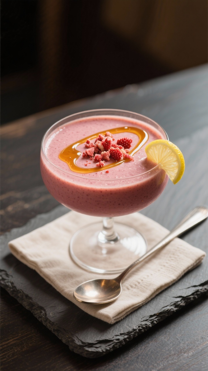 Final dish presentation: Restaurant-quality plating of the smoothie served extra-thick in a stemless