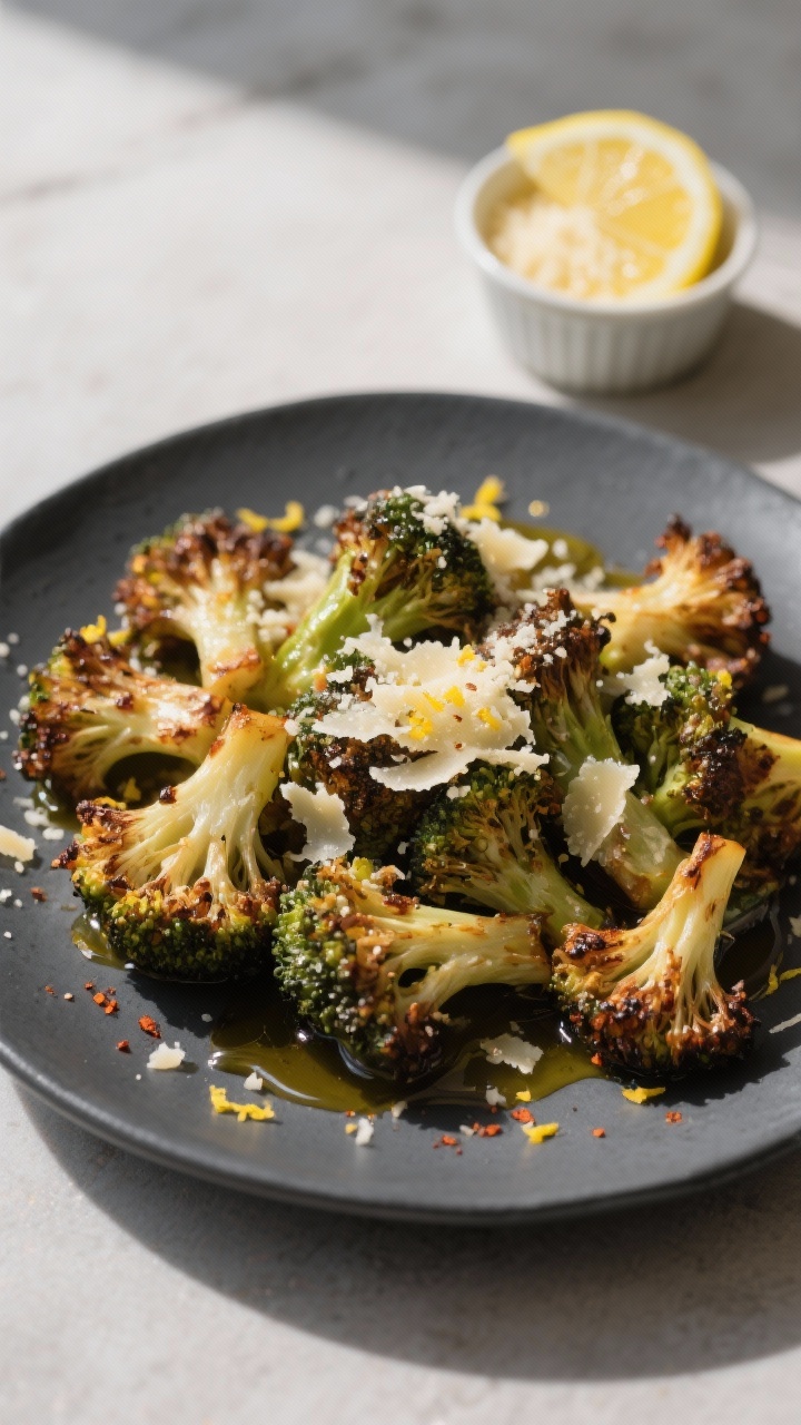 Final dish presentation: Restaurant-quality plating of Lemon-Pepper Parmesan air fryer broccoli on a