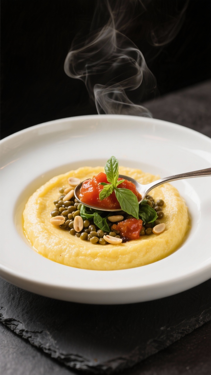 Final dish presentation: Restaurant-quality plating of polenta “bed” with a neat ladle of tomato