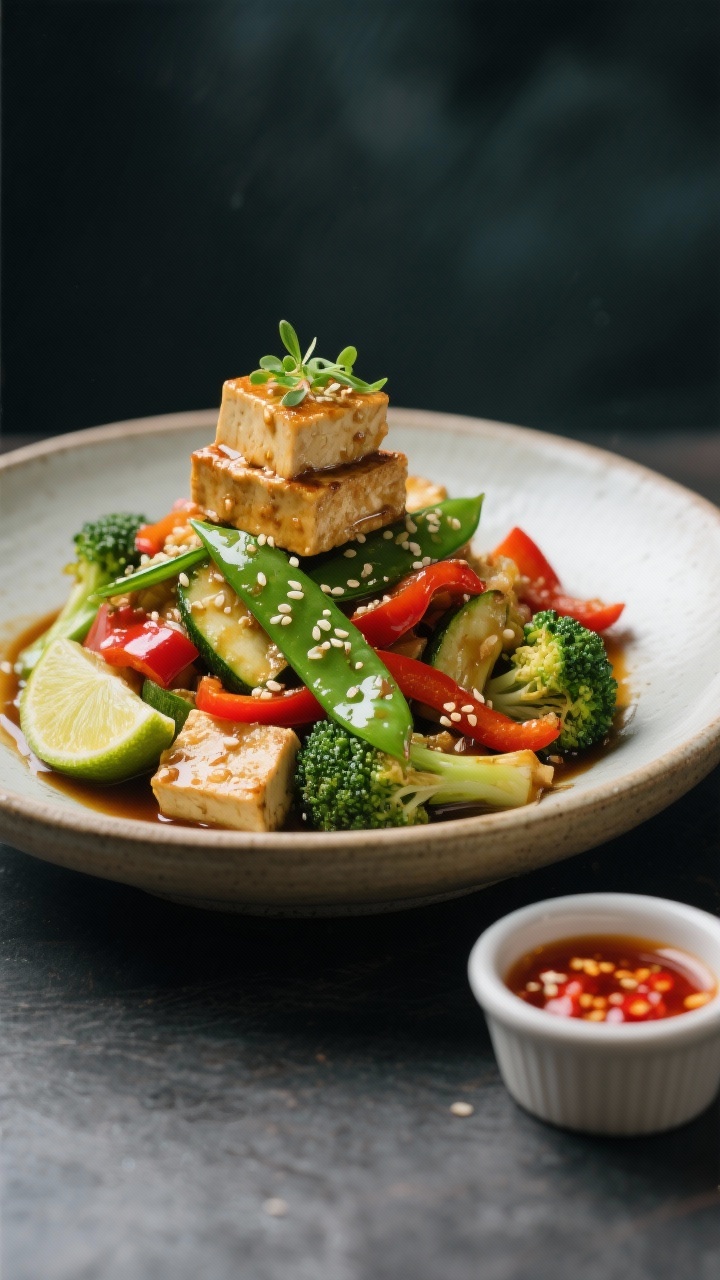 Final dish presentation: Restaurant-quality plating of tofu-and-veg stir fry in a shallow ceramic bo