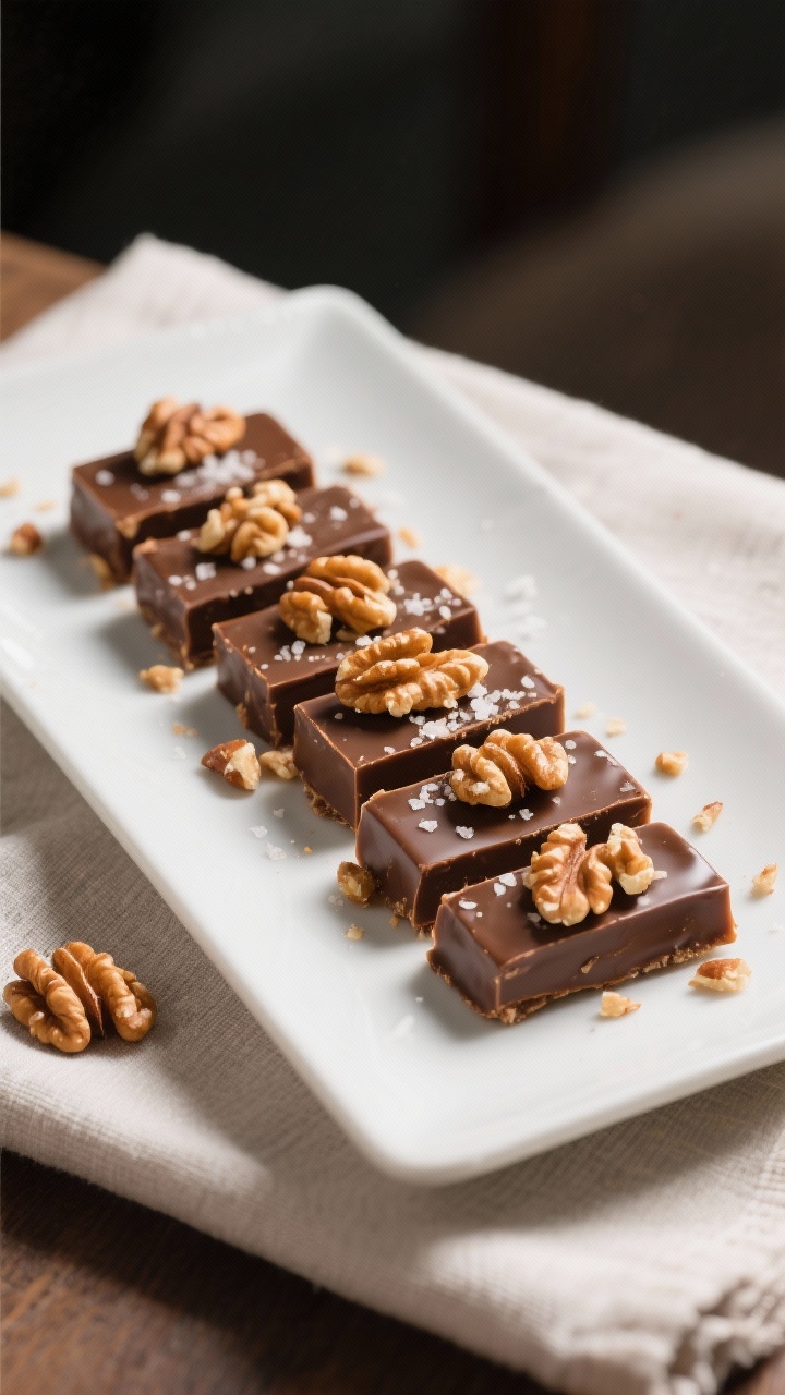 Final dish presentation: Restaurant-quality platter of neatly arranged toffee pieces with even choco