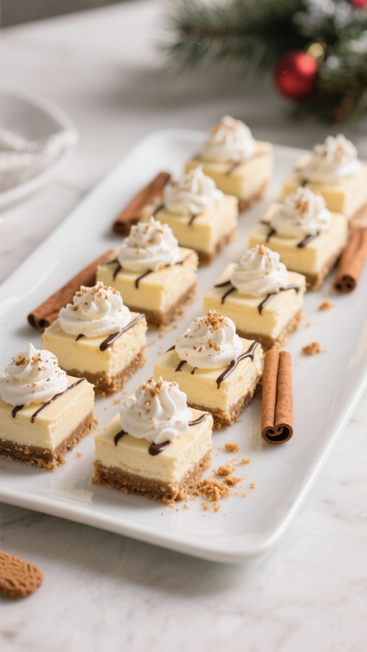 Final dish presentation: Restaurant-quality platter of neat, uniform eggnog cheesecake bars arranged