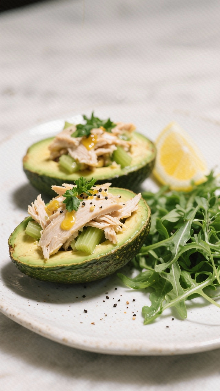 Final dish presentation: Rotisserie chicken avocado salad stuffed into halved avocados on a white st