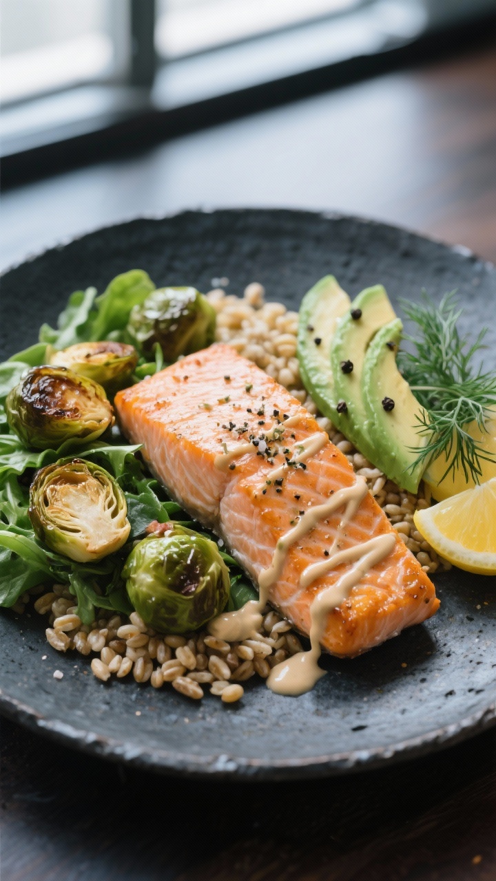 Final dish presentation: Salmon Greens & Grains—flaky baked salmon fillet with coarse salt and pep