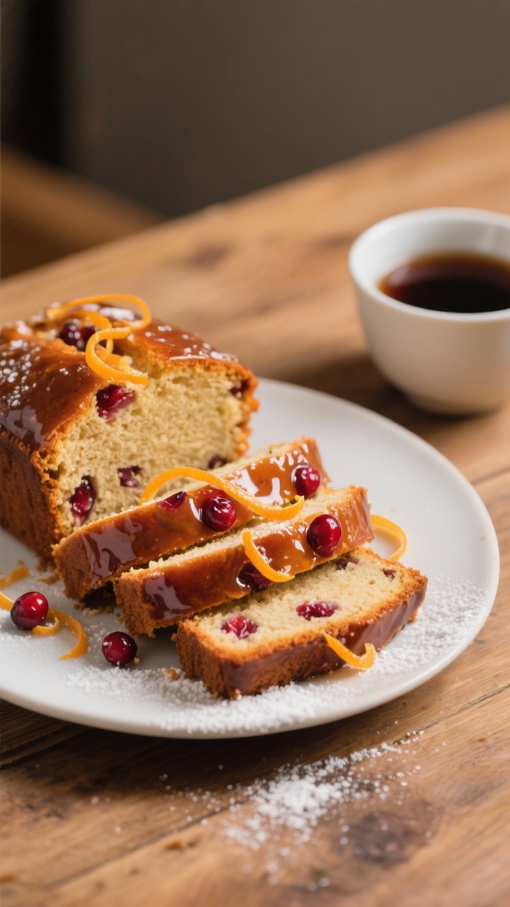 Final dish presentation: Slices of cranberry orange loaf fanned on a matte white plate, glaze set to