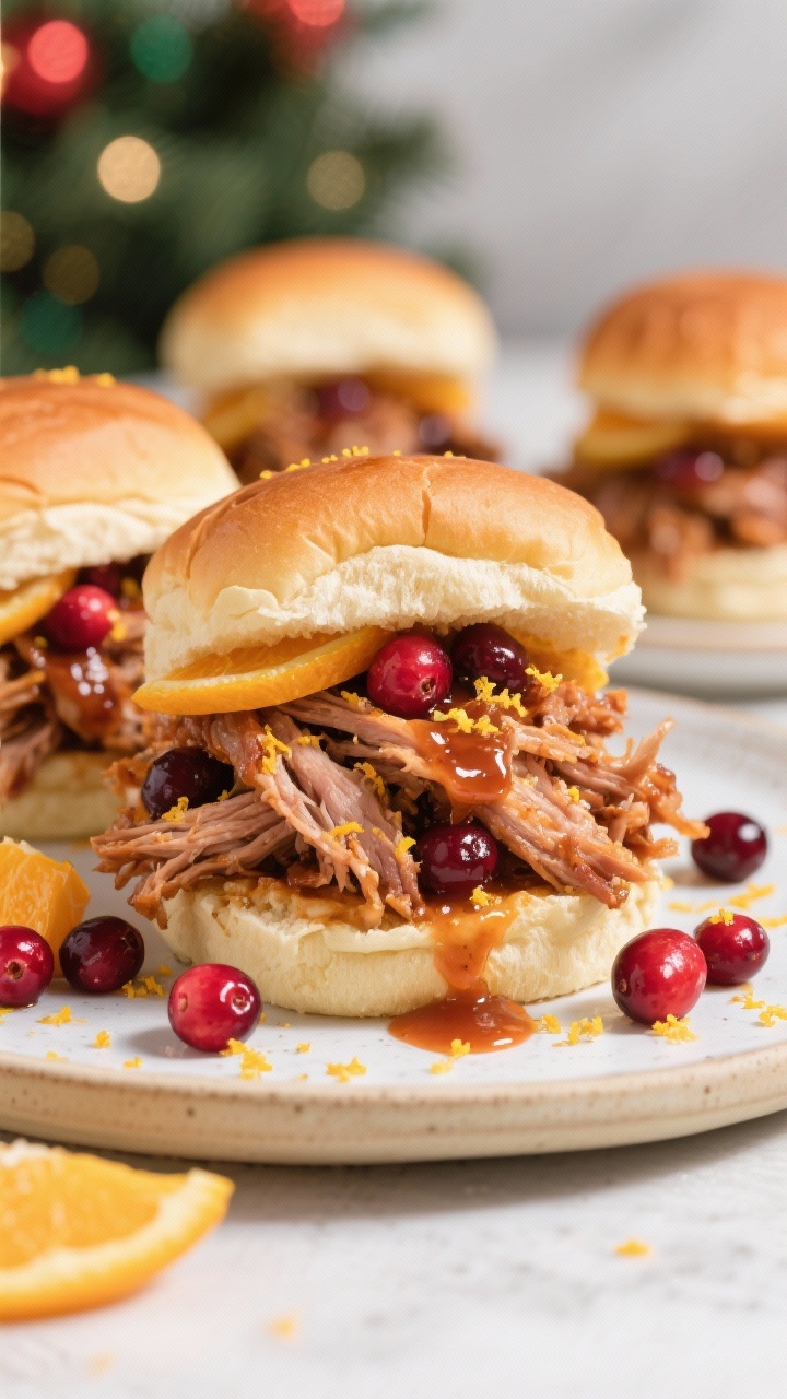 Final dish presentation: Slow Cooker Cranberry-Orange Pulled Pork piled high on soft Hawaiian slider