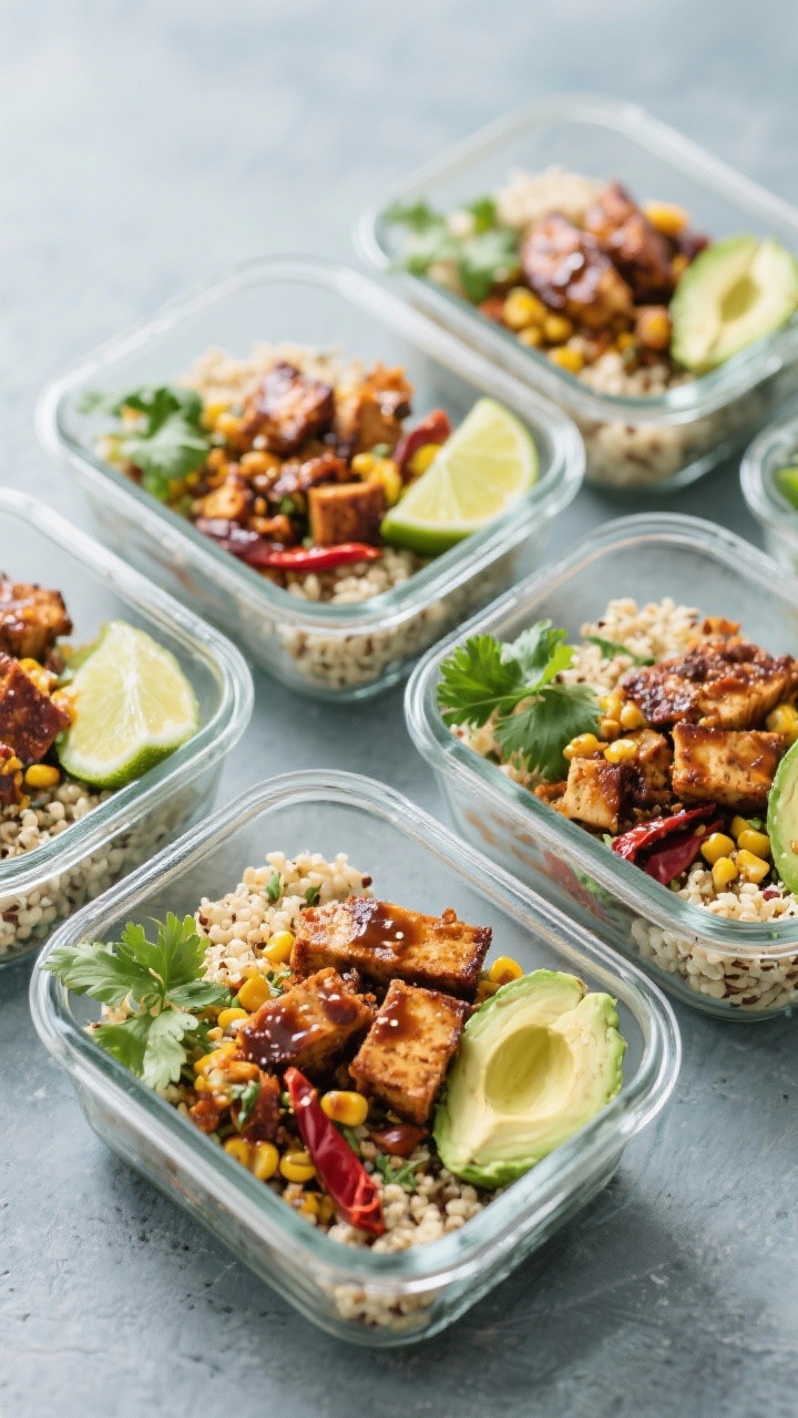 Final dish presentation: Smoky Chipotle Tempeh Power Bowl meal-prep lineup—four glass containers n