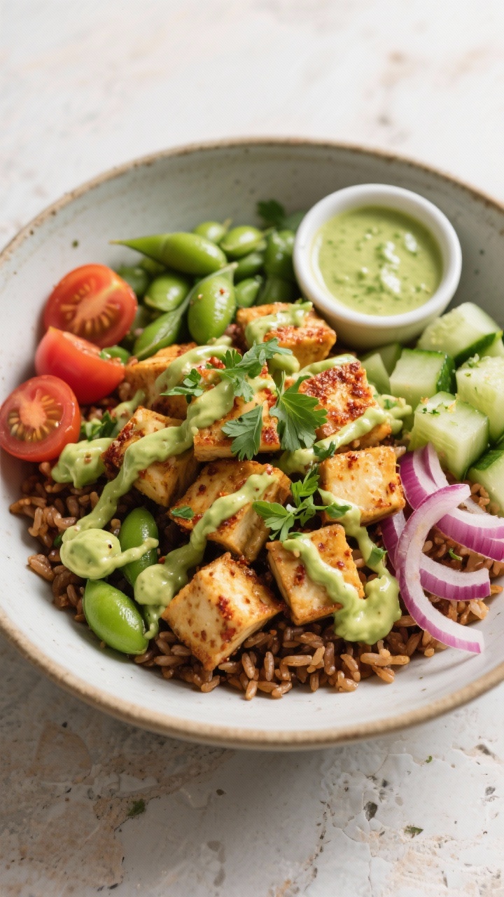 Final dish presentation: Tempeh-Edamame Power Bowl artfully plated in a low ceramic bowl—warm brow
