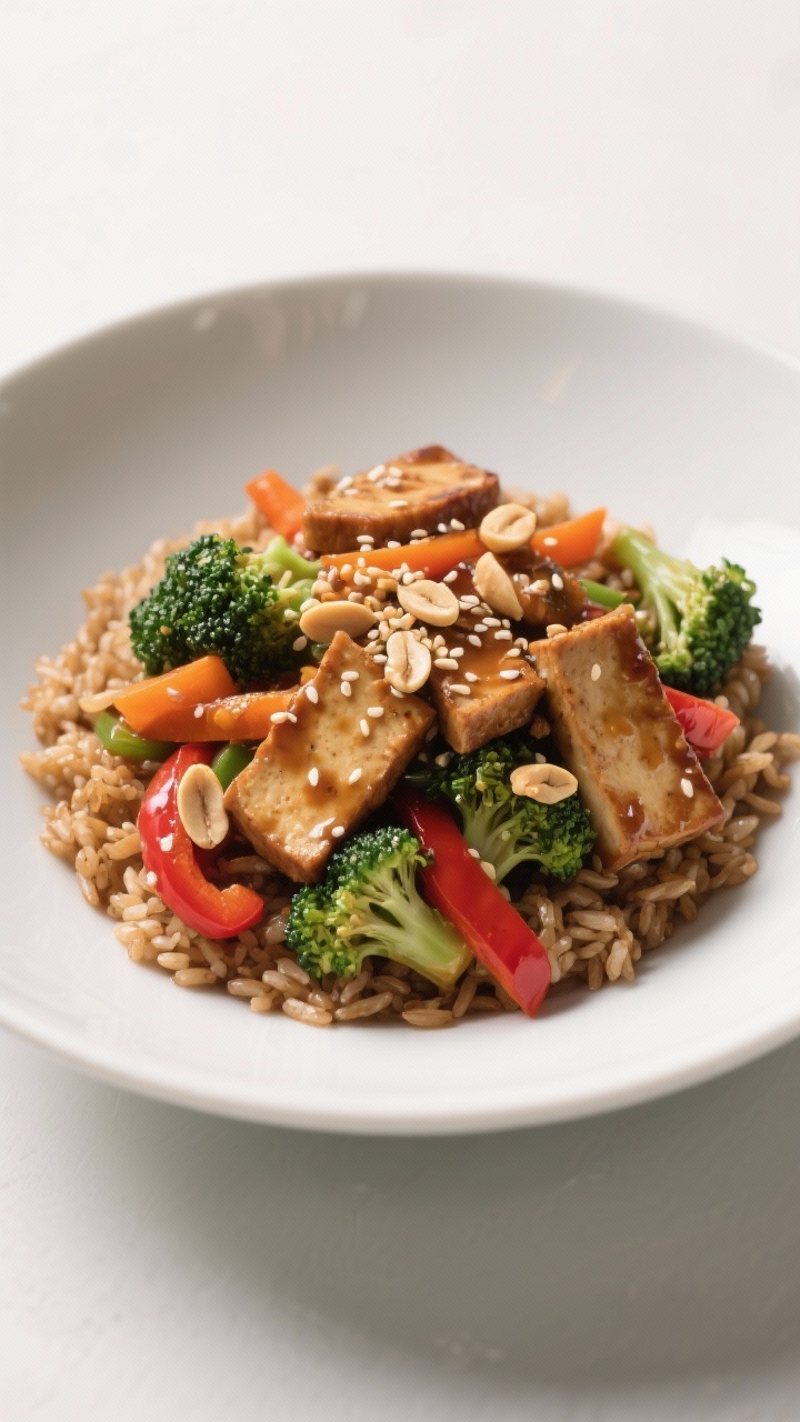 Final dish presentation: Tempeh stir-fry with garlic-ginger sauce served over fluffy brown rice in a