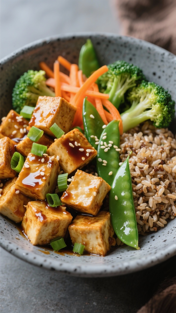 Final dish presentation: Teriyaki tofu power bowl artfully composed—golden-crisp tofu cubes lacque