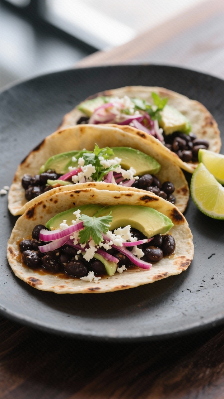Final dish presentation: Three assembled smoky black bean street tacos on a matte charcoal plate—b