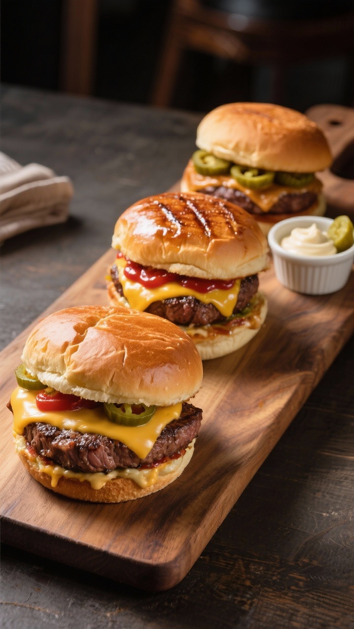 Final dish presentation: Three burger variations lined in a staggered angle on a wooden board—clas