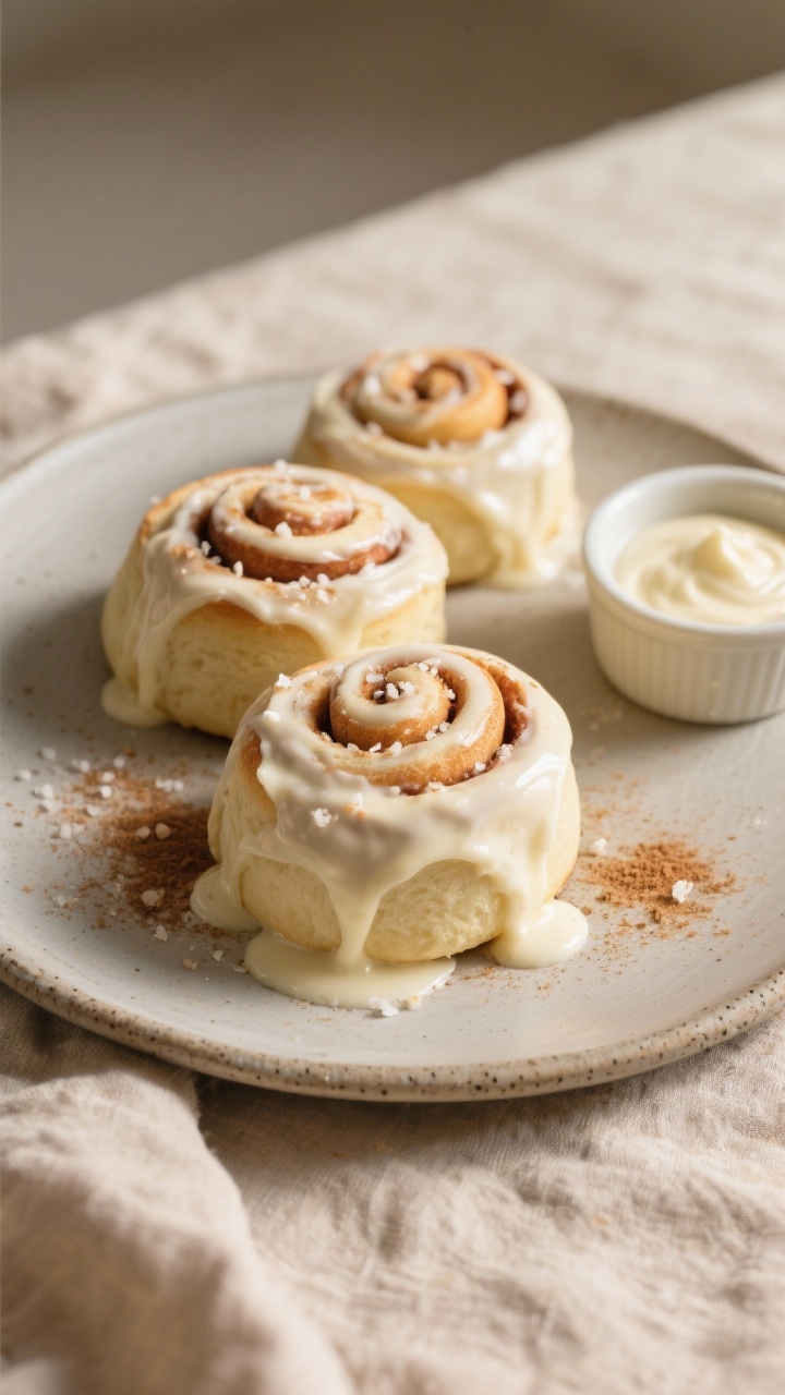 Final dish presentation: Three frosted keto cinnamon rolls plated on a matte stoneware plate with a 