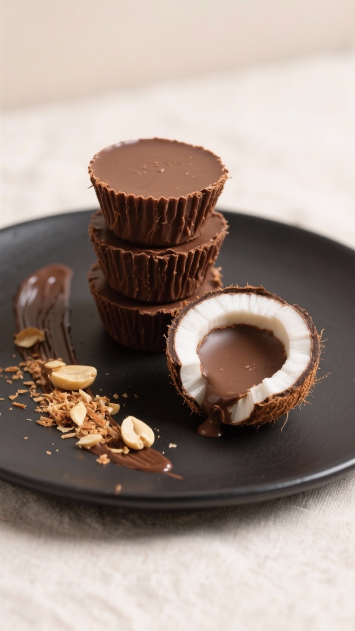 Final dish presentation: Three keto chocolate coconut cups stacked slightly off-center on a small ma