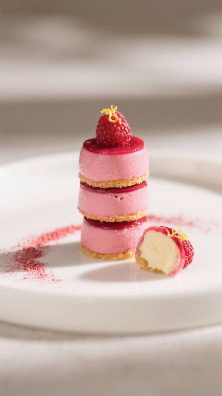 Final dish presentation: Three Raspberry Dessert Bites stacked slightly offset on a matte white plat