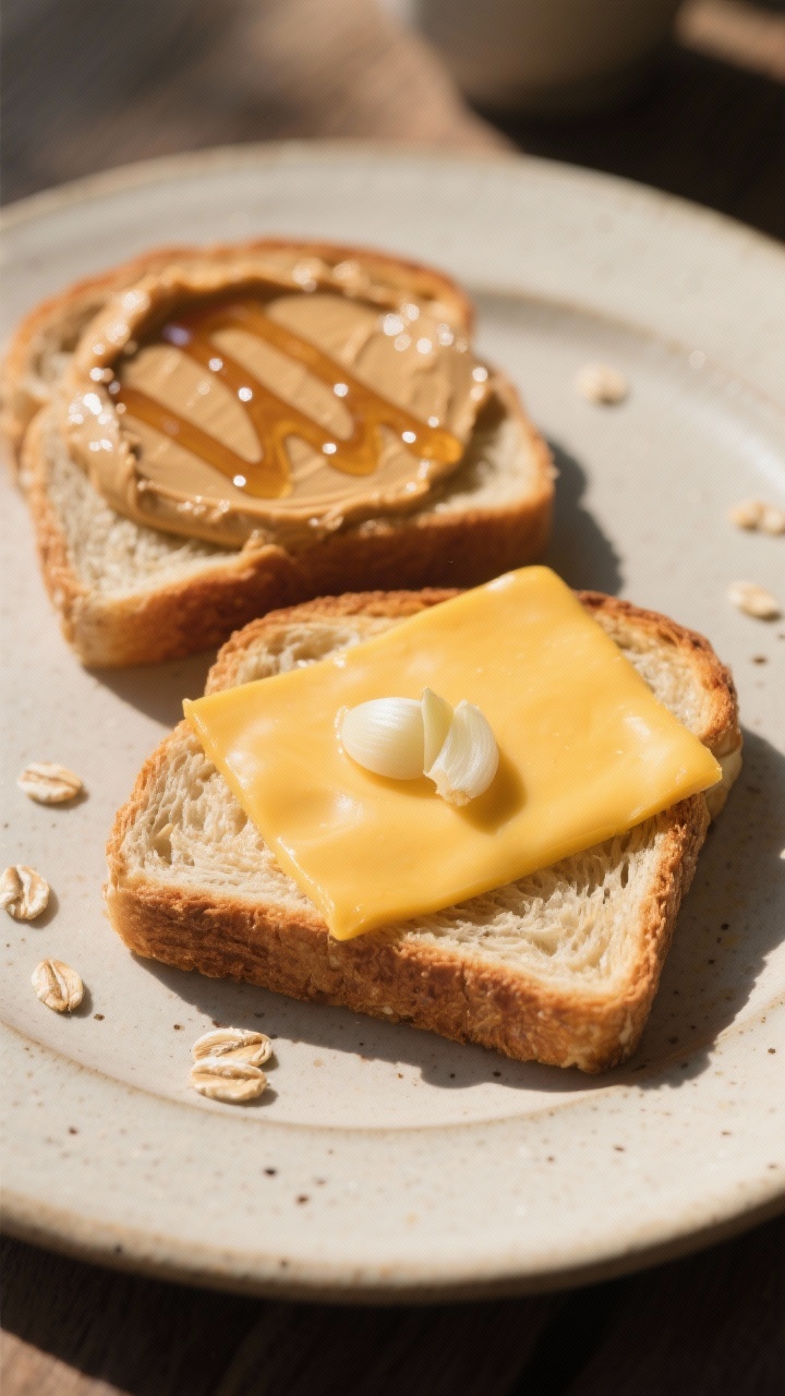 Final dish presentation: Toasted slices of the wheat bread topped two ways—one with creamy peanut 