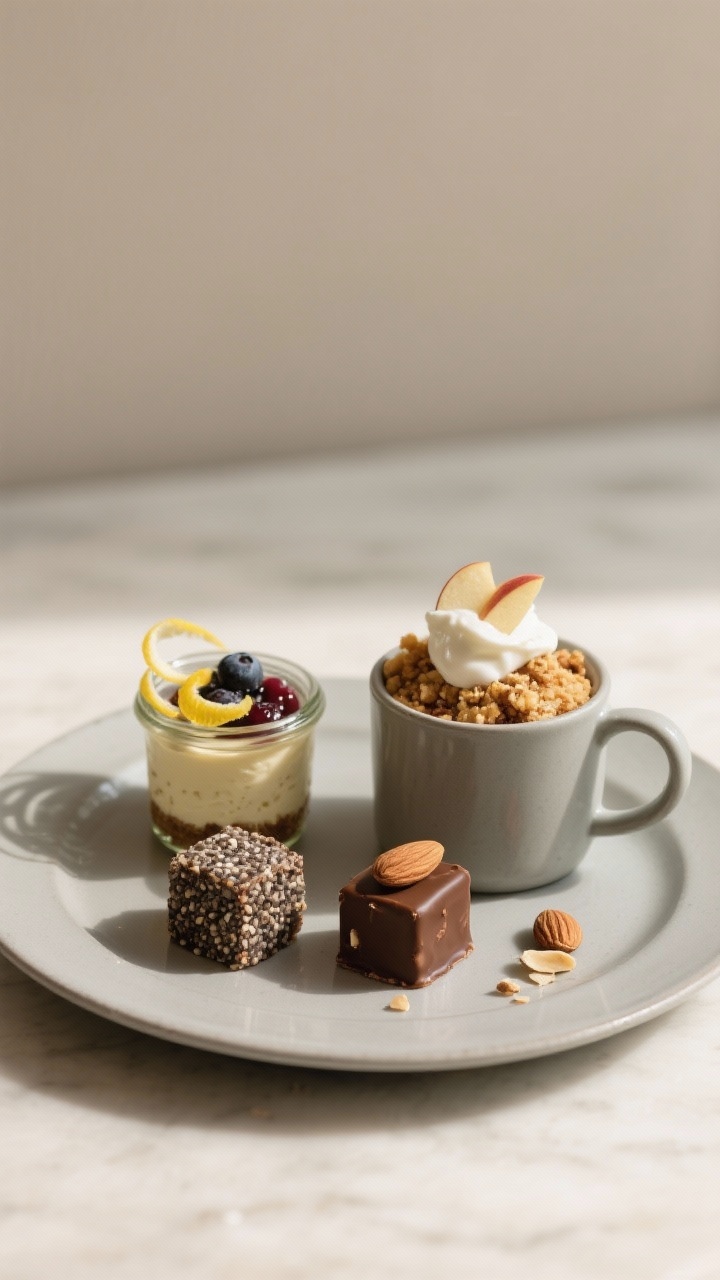 Final dish presentation: Trio dessert plate for portion-smart serving—two small Almond Chocolate F