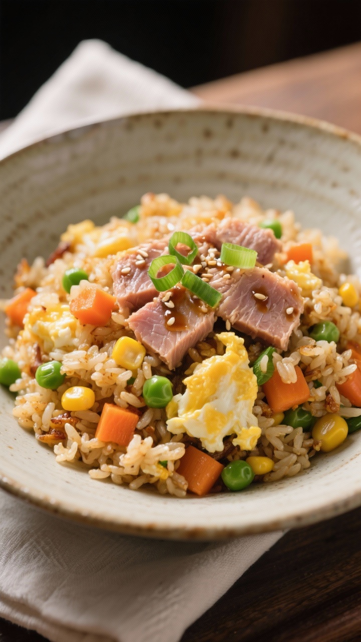 Final dish presentation: Tuna and veggie fried rice plated in a ceramic bowl—separated grains with