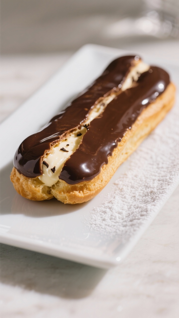 Final dish (sweet): Beautifully plated éclairs filled with vanilla pastry cream and topped with a s