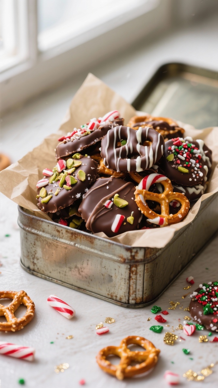 Final giftable presentation: a rustic tin lined with parchment, piled high with assorted Chocolate-C