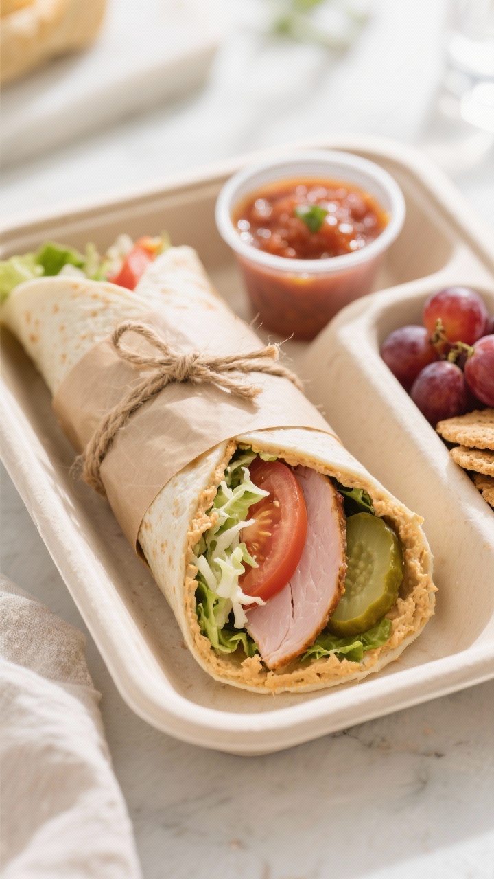 Final grab-and-go presentation: neatly wrapped gluten-free turkey hummus wrap sliced on a diagonal t