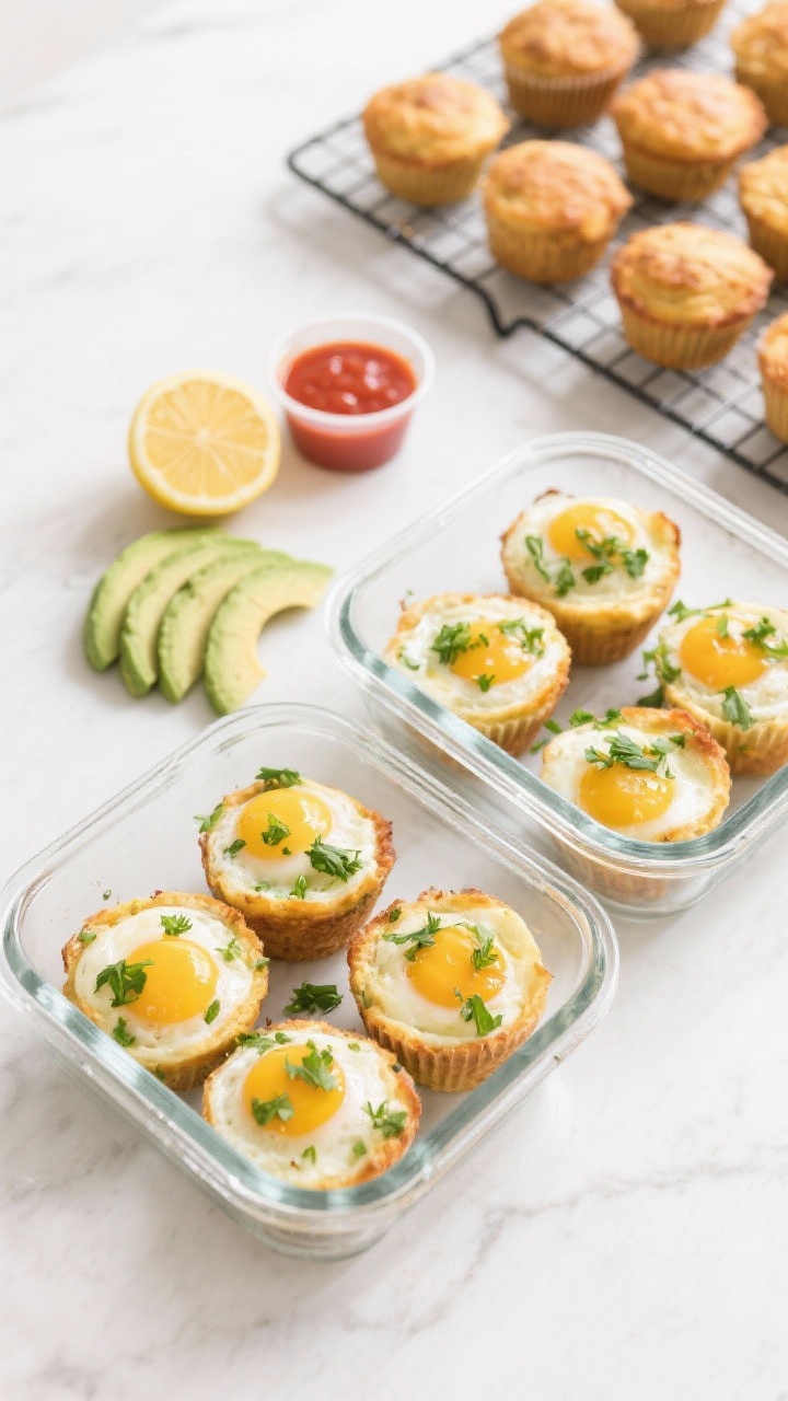 Final meal-prep presentation: overhead shot of a meal-prep spread with six cooked egg muffins arrang