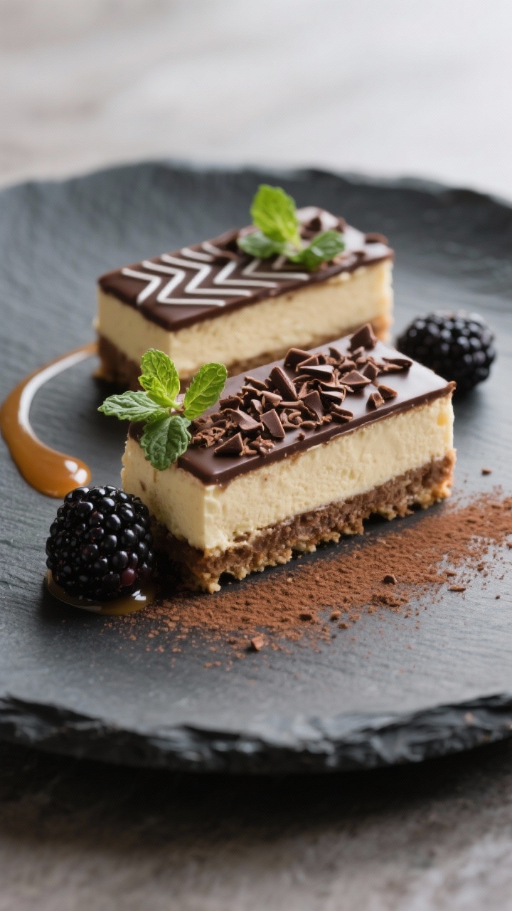 Final plated dessert: Restaurant-quality presentation of two mousse bars stacked slightly offset on 