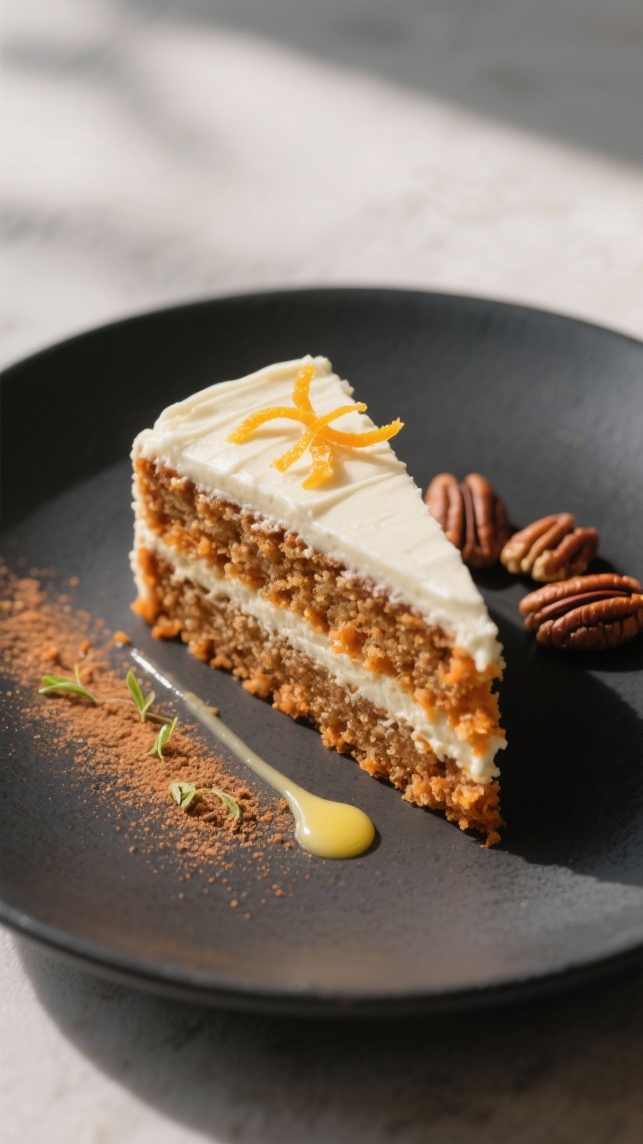Final plated dessert: Restaurant-quality presentation of a layered wedge of spiced carrot cake on a 