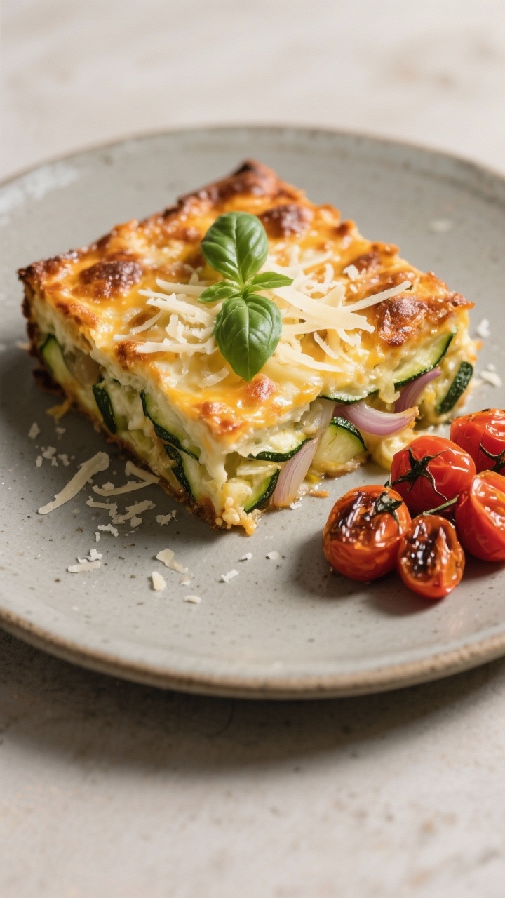 Final plated dish: A generous square of the baked zucchini casserole served on a matte stoneware pla