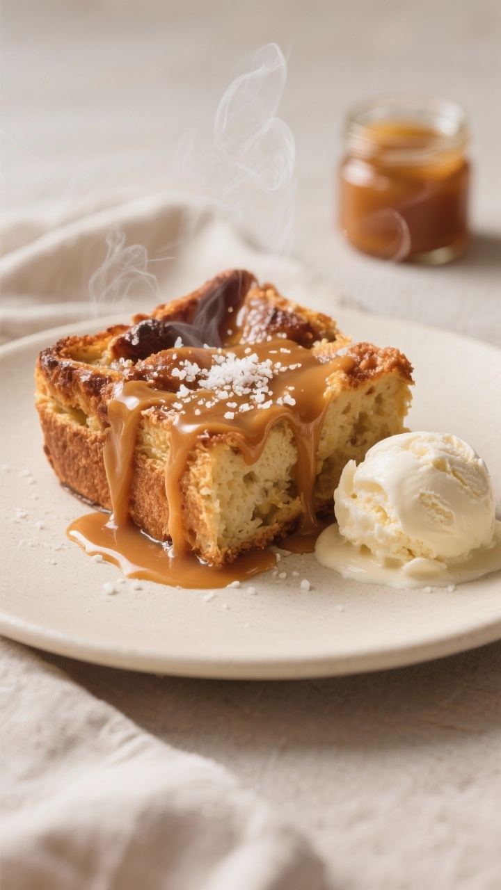 Final plated dish: A generous, warm slice of salted caramel bread pudding on a matte off-white plate