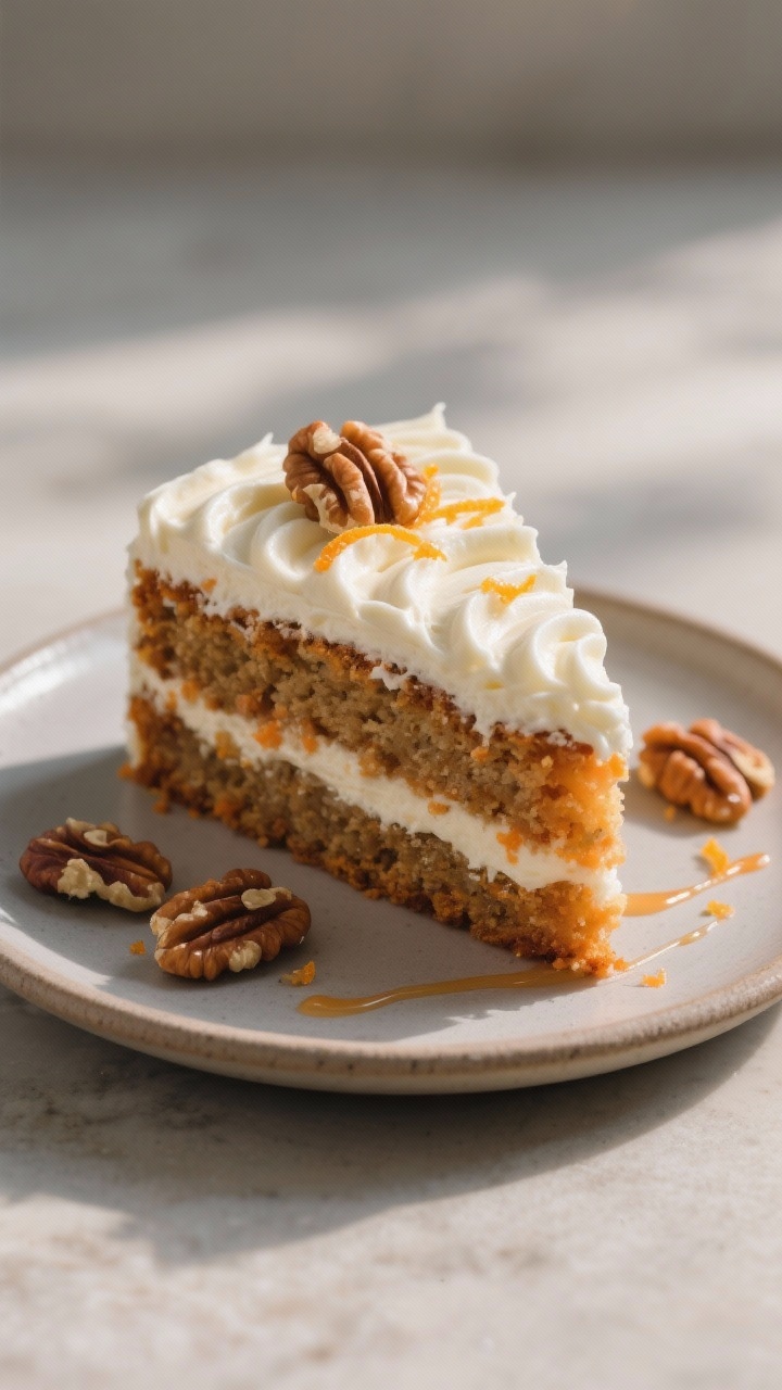 Final plated dish: A single slice of keto carrot cake on a matte ceramic plate, thick cream cheese f