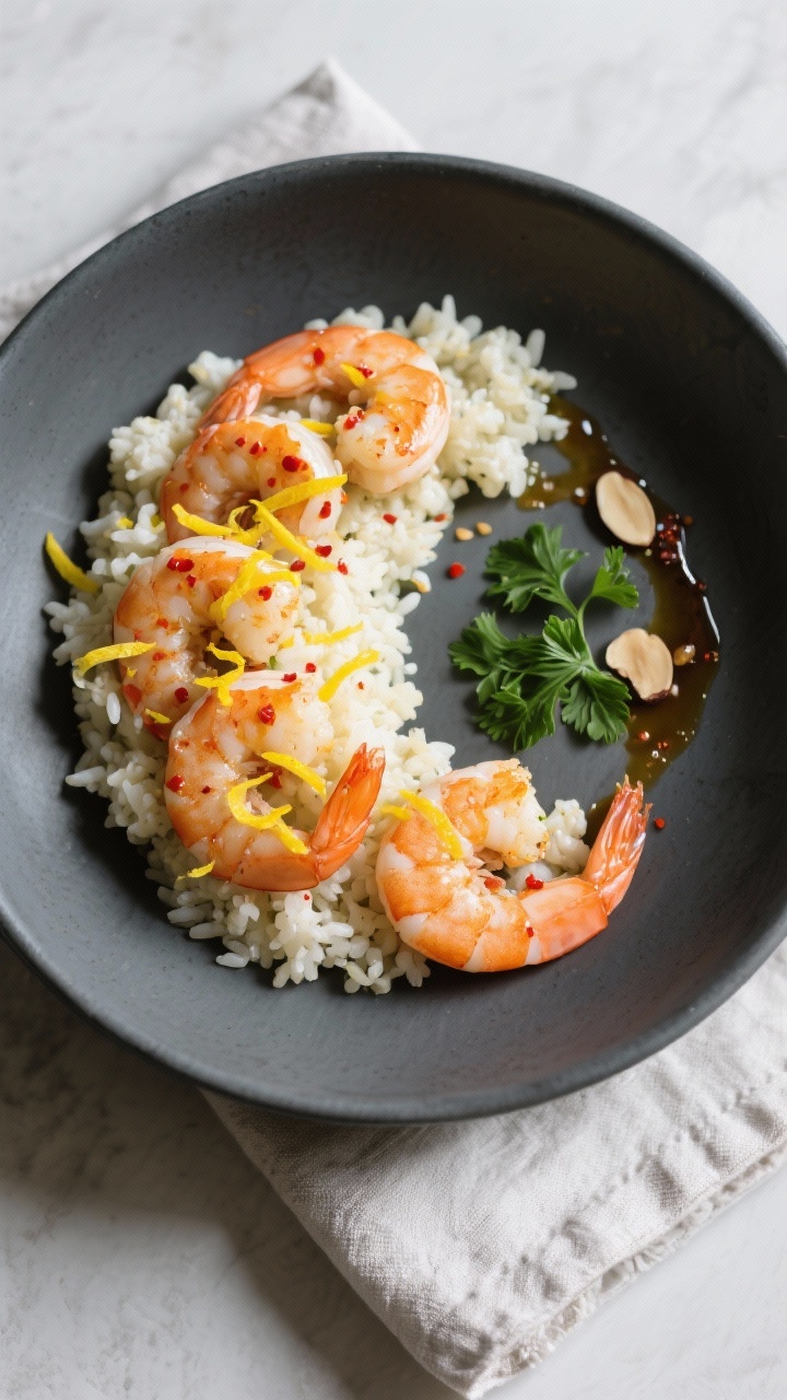 Final plated dish (cauliflower rice, overhead): Tasty top view of garlic shrimp arranged in a cresce