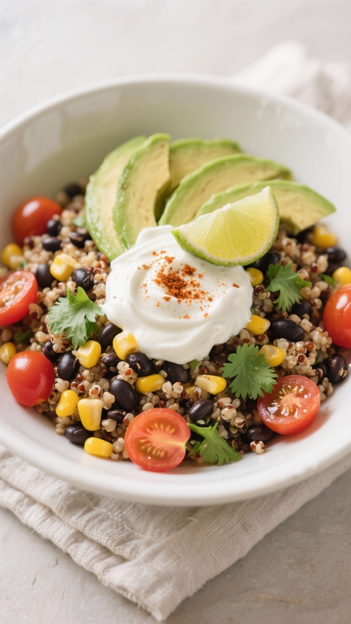 Final plated dish: Quinoa Black Bean Fiesta bowl beautifully composed—warm quinoa and black beans 