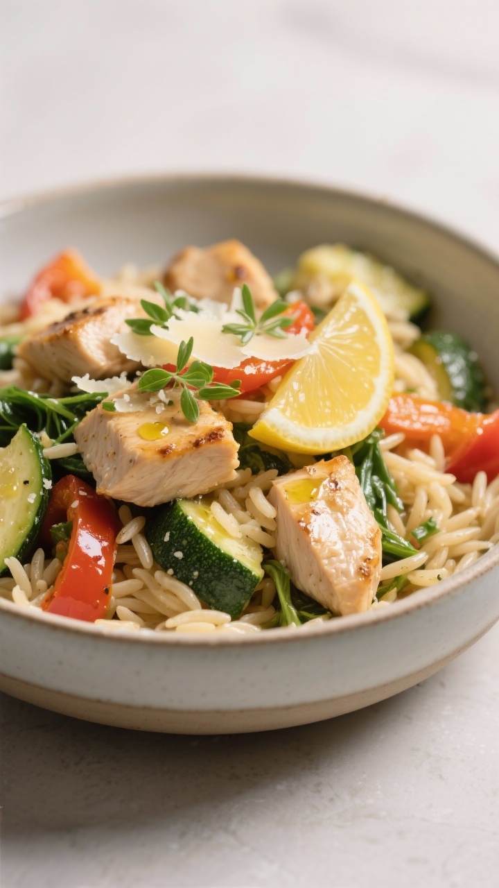 Final plated dish: Restaurant-quality bowl of the one-pan chicken, orzo, peppers, zucchini, and spin