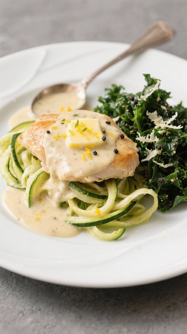 Final plated dish: Restaurant-quality plate of Creamy Garlic Lemon Chicken over a nest of tender-cri