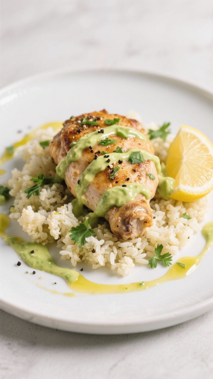 Final plated dish: Restaurant-quality presentation of Garlic-Herb Keto Chicken Thigh over a bed of c