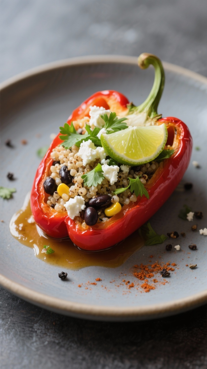 Final plated dish: Restaurant-quality presentation of a single stuffed red bell pepper on a matte ce