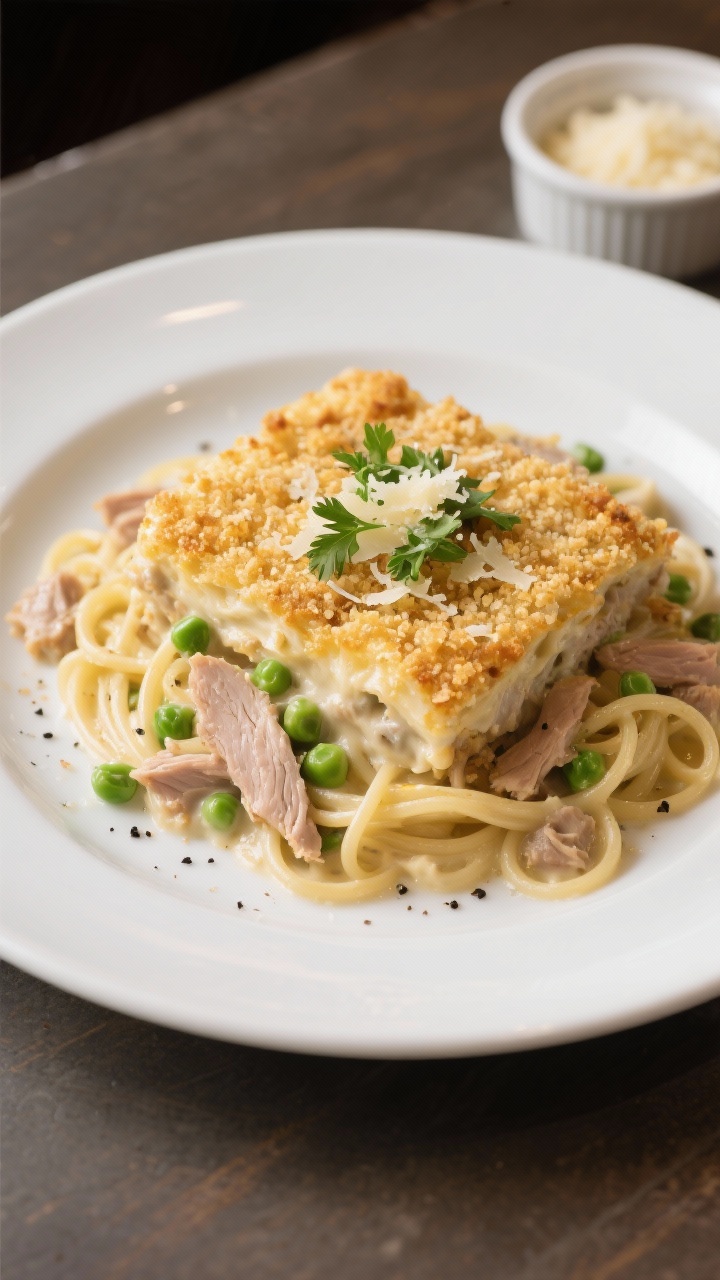 Final plated dish: Restaurant-quality presentation of a generous square of Turkey Tetrazzini on a wi