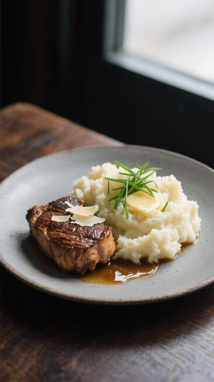 Final plated dish: Restaurant-style presentation of creamy cauliflower mash quenelled beside a seare