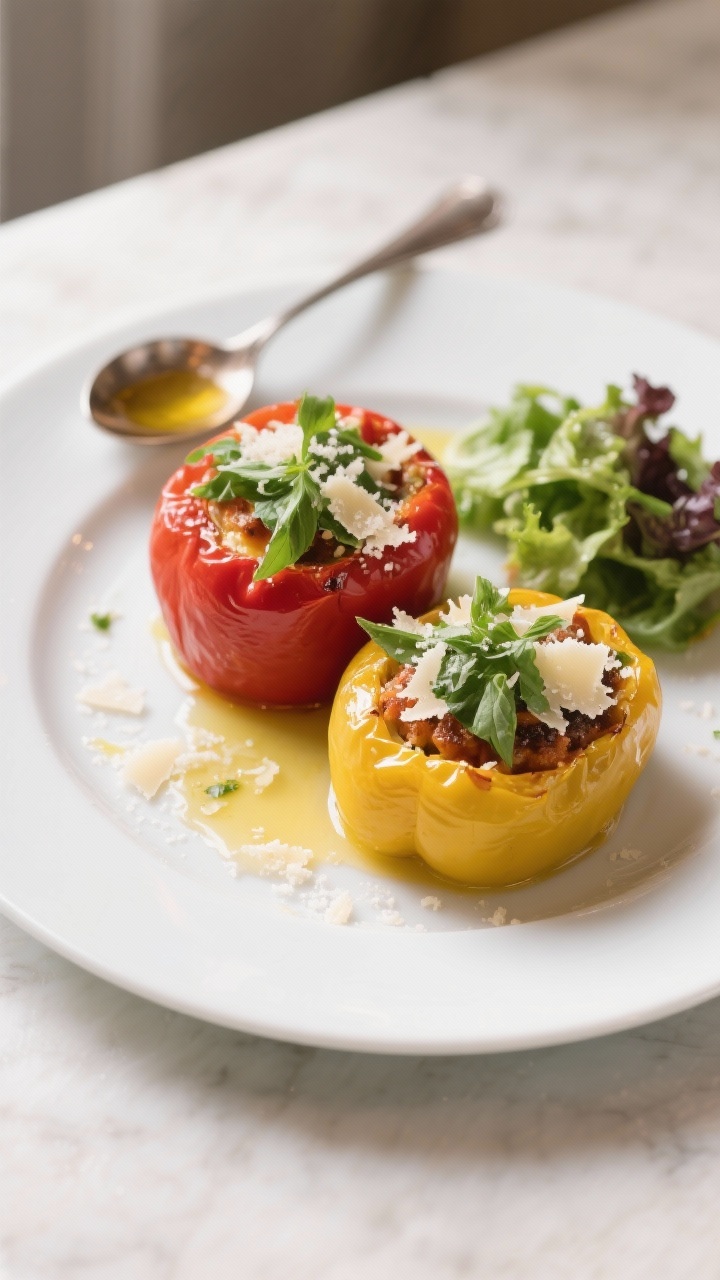 Final plated dish: Restaurant-style presentation of two stuffed peppers (one red, one yellow) on a w