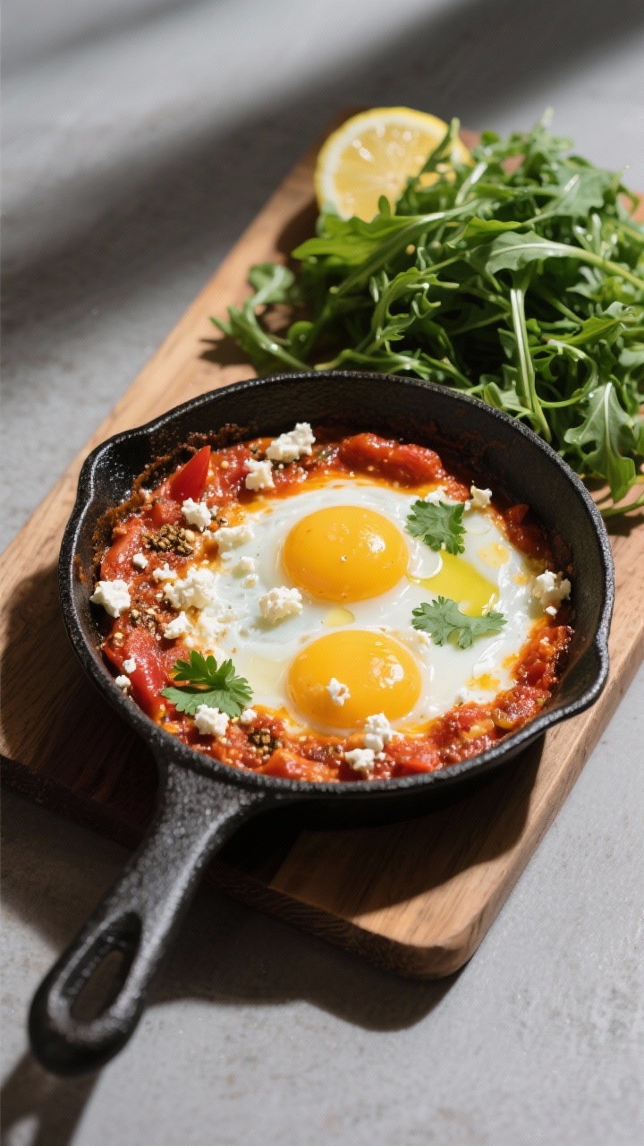 Final plated dish: Shakshuka-ish eggs in tomato-garlic butter presented in a small black skillet set