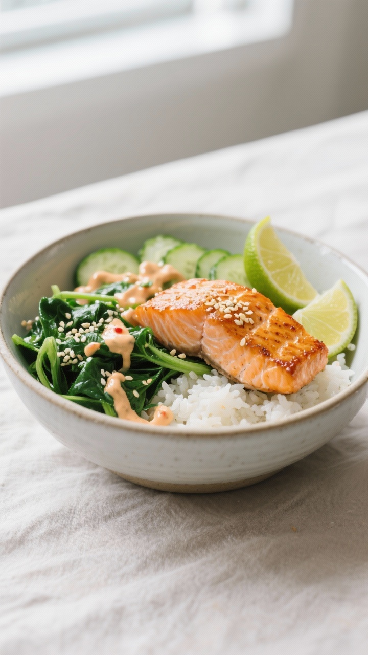 Final plated dish — Speedy Salmon Bowls with Sesame Greens: Beautifully composed bowl with fluffy 