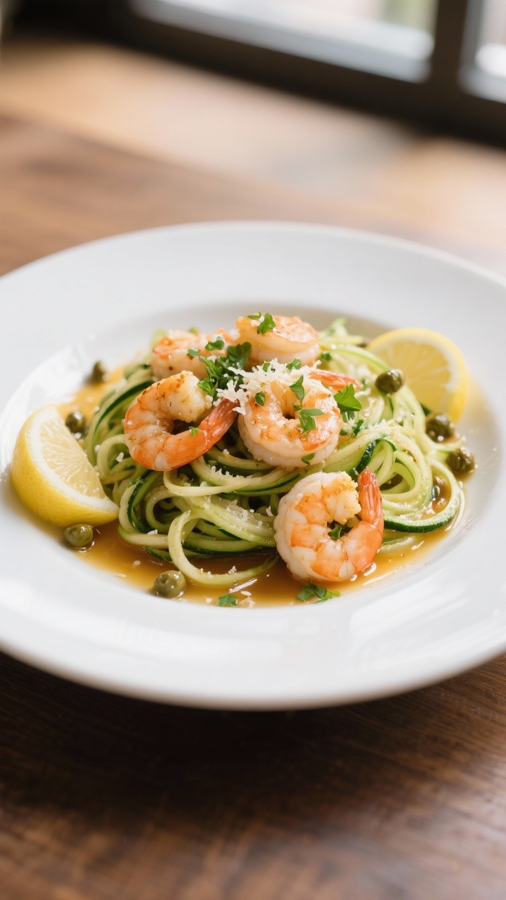 Final plated dish (zoodles): Beautifully plated garlic-lemon shrimp piled over barely-tender zucchin