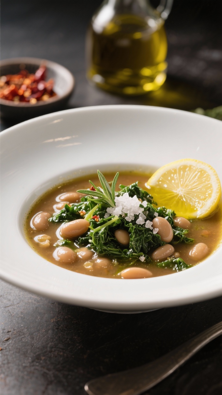 Final plated glamour: Hero shot at a 45-degree angle of the finished soup in a wide, shallow white b