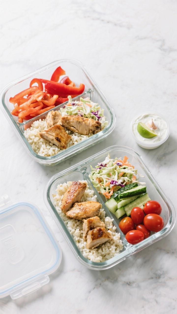 Final plated meal-prep scene: Two open glass meal-prep containers filled with cauliflower rice and j
