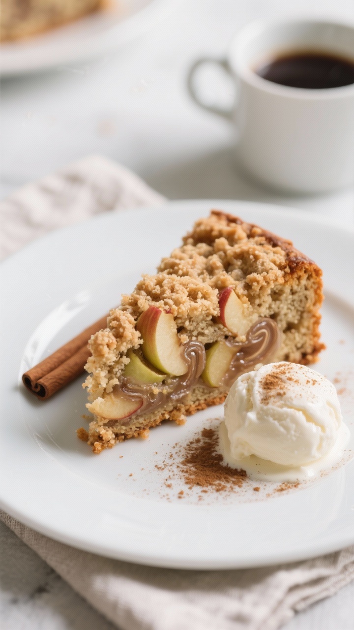 Final plated presentation: a generous slice of the gluten-free apple cinnamon coffee cake on a simpl