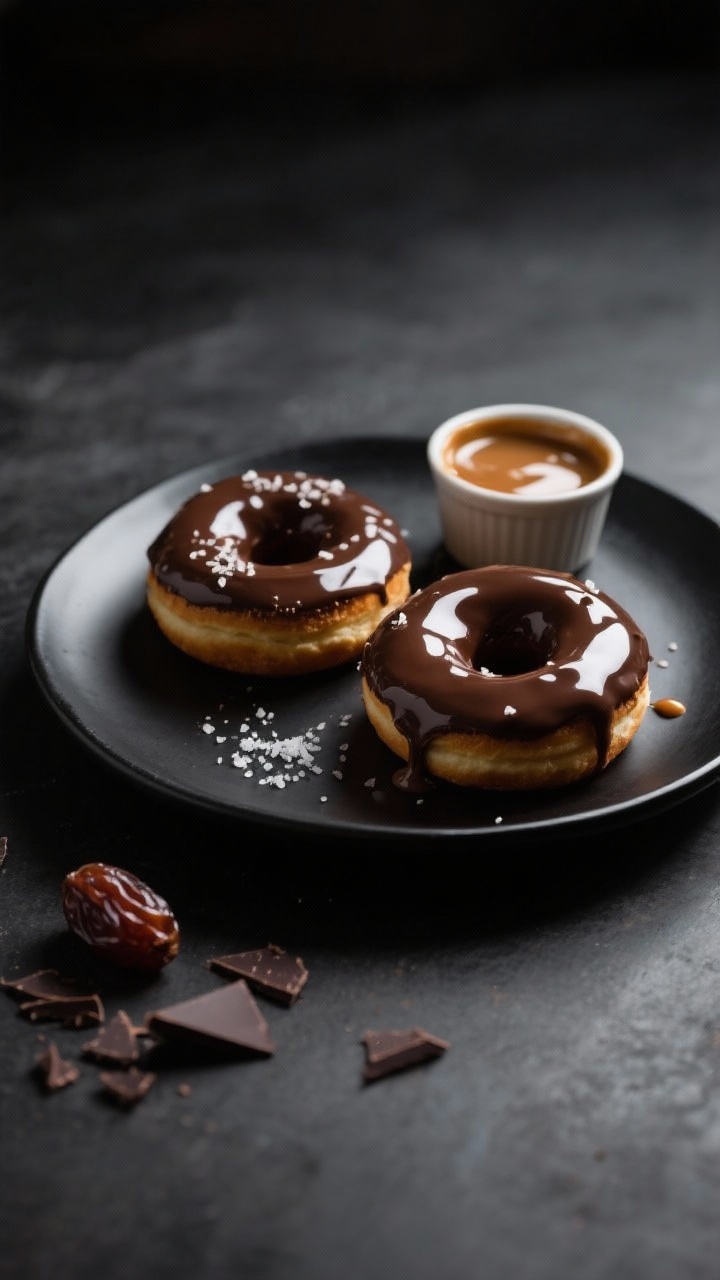Final plated presentation: bakery-style plate-up of two glossy glazed chocolate donuts on a matte bl