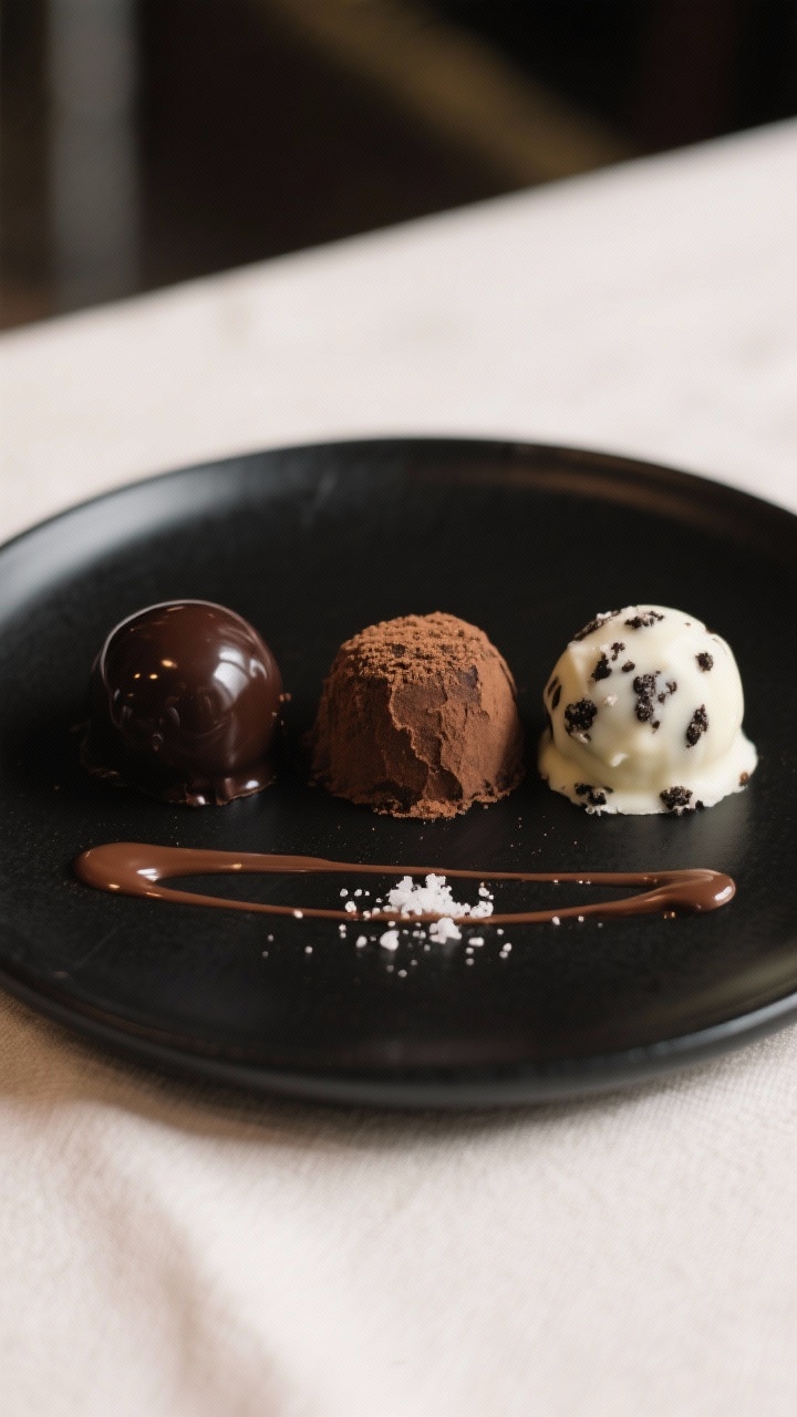 Final plated presentation: boutique-style dessert plate featuring a trio of glossy truffles—one cl